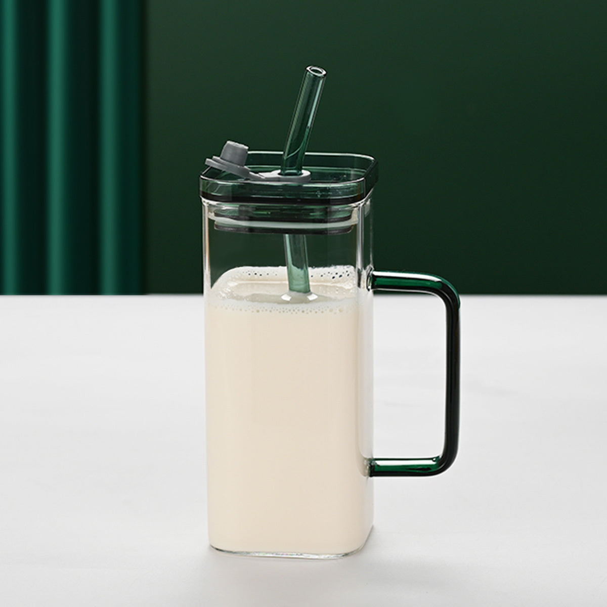 1 Pcs Green Glass Straw Cup, 6 Colors Square Glass Cup With Straw And Lid, High Borosilicate Glass Cup, Milk Cup, Juice Cup, Cold Drink Cup, Coffee Cup, Tea Cup, Office Cup, Gift Cup