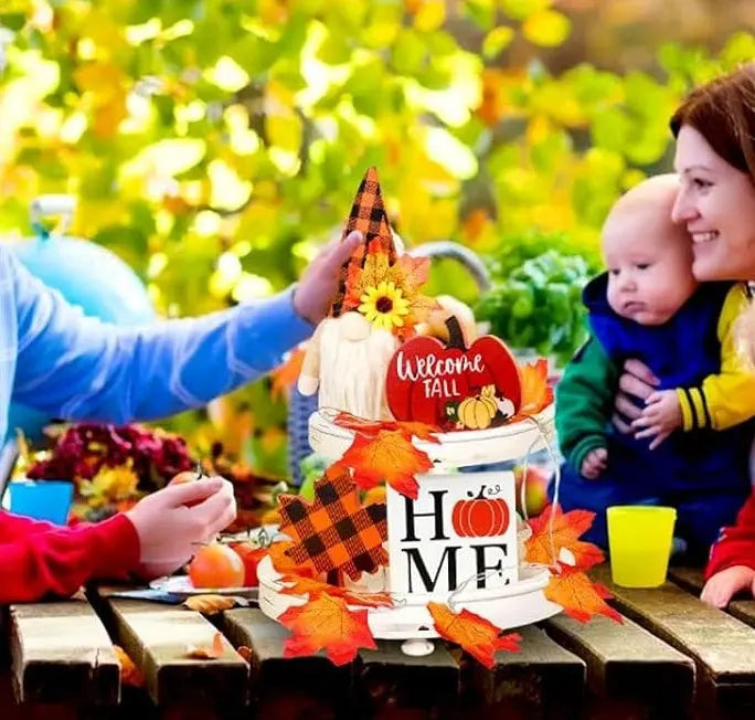 Fall Gnome Tiered Tray Decorations Set Farmhouse Pumpkin Decor Autumn Maple Leaf Table Centerpieces With Fall String Lights Thankgiving Day Fall Greeting Card Autumn Harvest Decorations Clearance Sale - The Premium