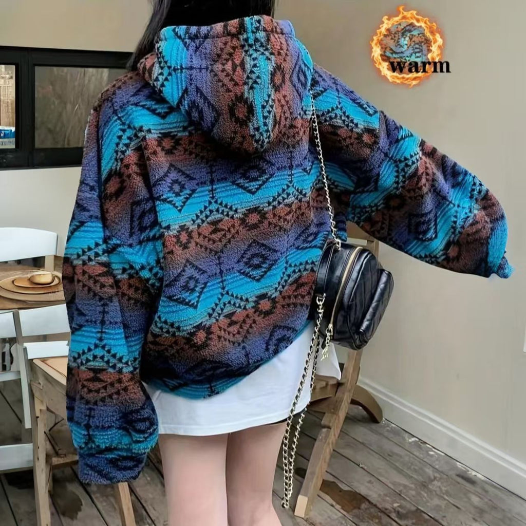 Double-sided Fleece Color-blocking Printed Pattern Jacket Cardigan