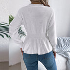 Women's Cable Knit Sweater With Peplum Hem Round Neck Ribbed Waist Top For Spring And Fall