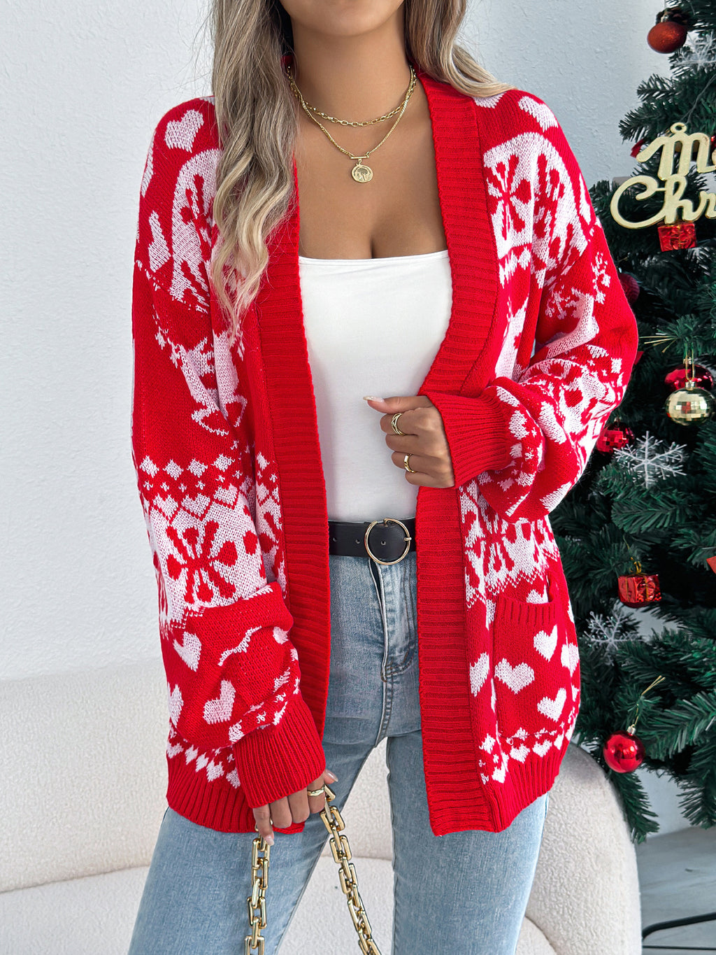 Christmas Deer Pocket Long Sleeve Cardigan Sweater Coat