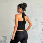 Women's Solid Color Halter Top With Lace Trim