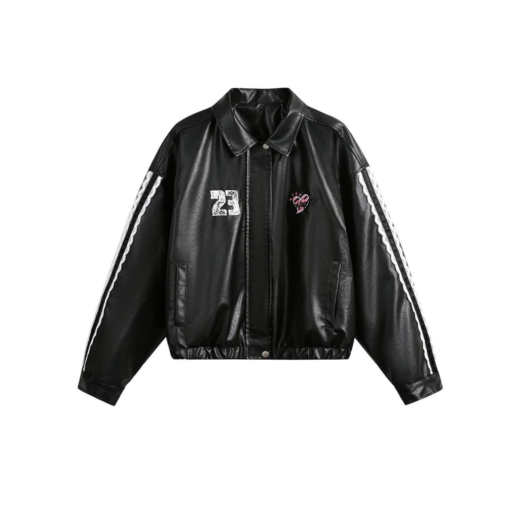 Women's Street Black Lace Love Number Embroidered Lapel Jacket