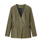 Women's Long-sleeved V-neck Leather Jacket