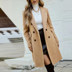 Women's Solid Color Double-Breasted Wool-Like Coat Notch Lapel Long Sleeve Mid-Length Overcoat With Pockets