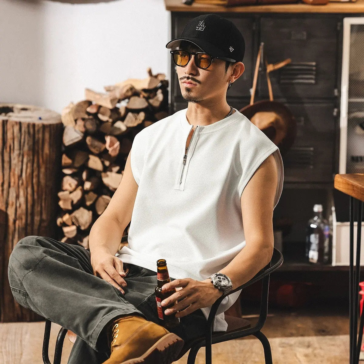 Vintage Zipper Sports Fitness Vest Men's Loose Waffle Texture Tough Guy T-shirt - The Premium