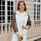 Color-blocked Spliced PU Leather Women's Motorcycle Jacket Baseball Coat