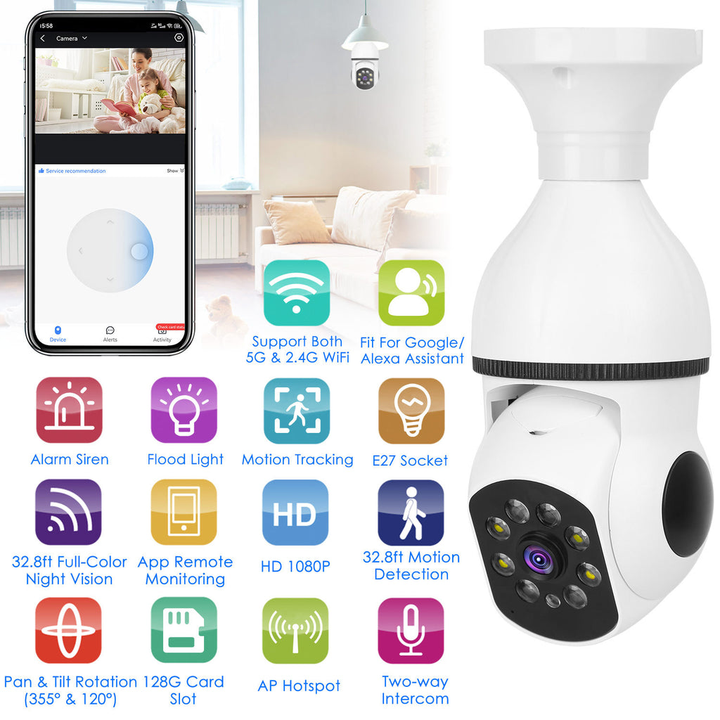 1Pc E27 WiFi Bulb Camera 1080P FHD WiFi IP Pan Tilt Security Surveillance Camera With Two-Way Audio Full Color Night Vision Flood Light Motion Tracking Siren Function APP Control