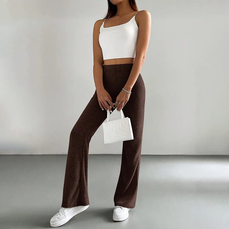 Women's Solid Color Rib-Knit Jogger Pants, Casual Stretch Pull-On Trousers For Spring And Fall
