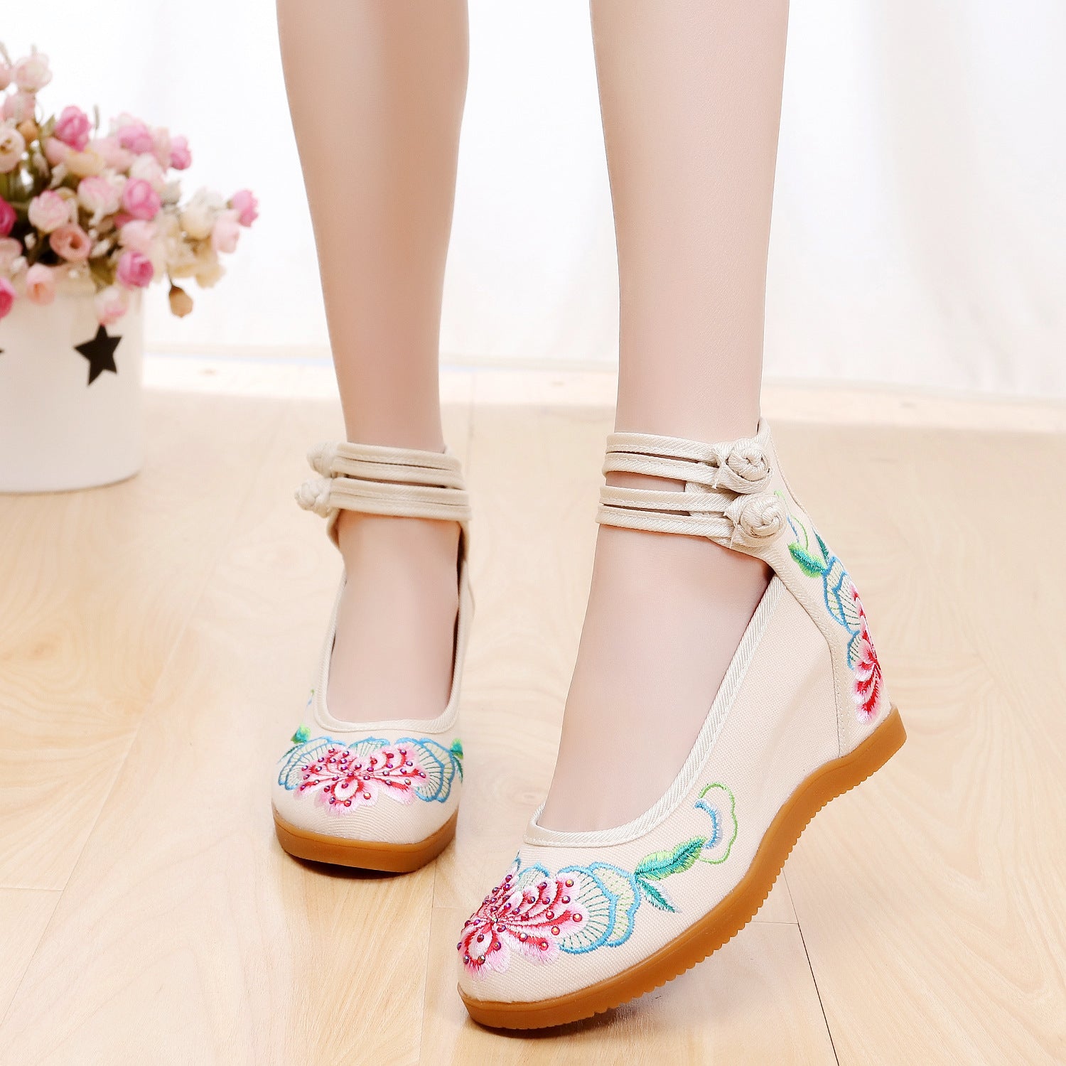 Women's Rhinestone Ethnic Style Double Buckle Canvas High Heels