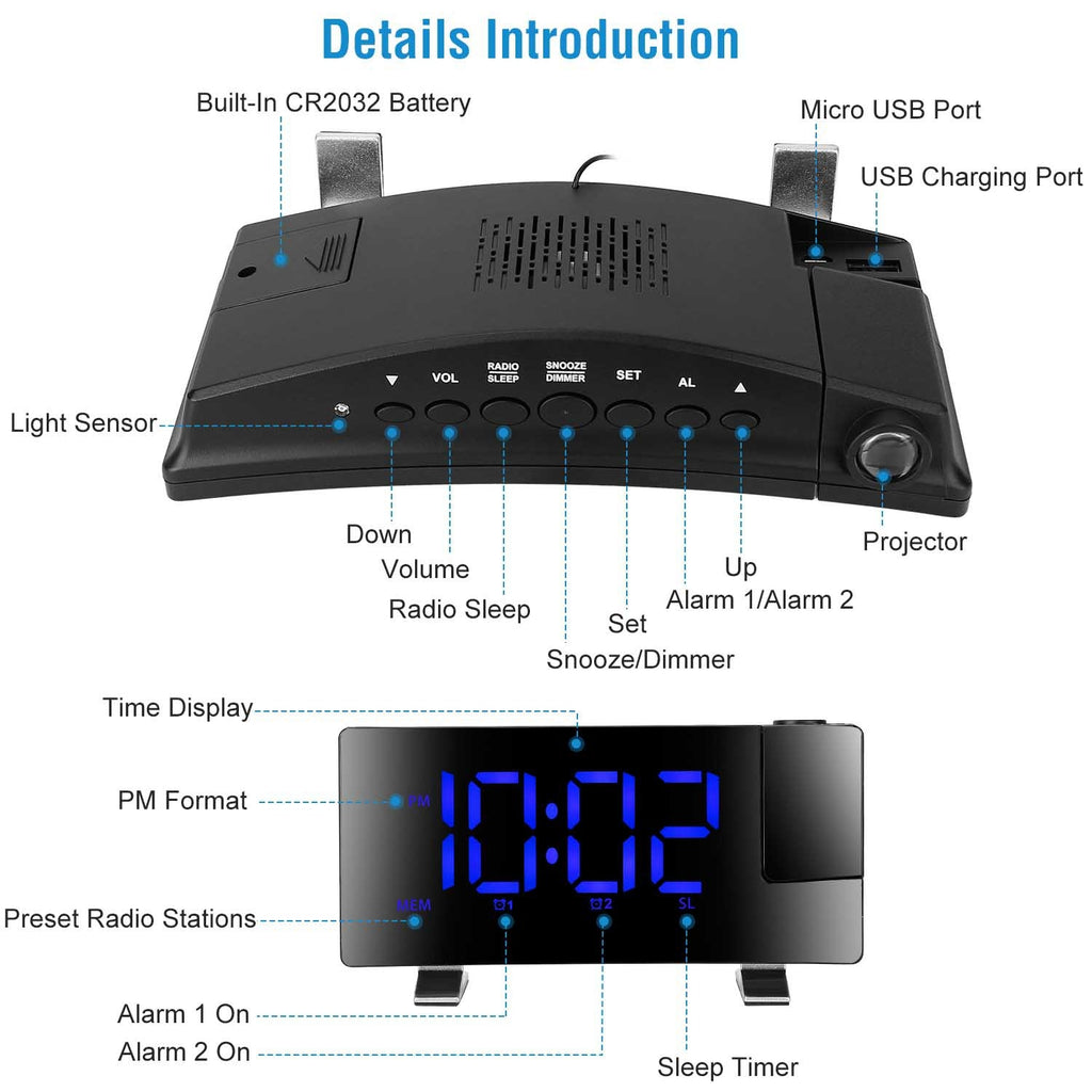 1Pc Projection Alarm Clock With Radio Function Curved Screen LED Digital Alarm Clock With Dual Alarms 4 Dimmer 12-24 Hour USB Charging Port 180Degree Rotatable Projection