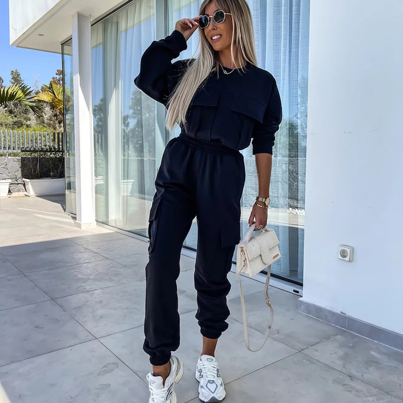 Long Sleeve Round Neck Pocket Loose Sweatshirt Casual Sports Pants