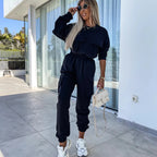 Long Sleeve Round Neck Pocket Loose Sweatshirt Casual Sports Pants