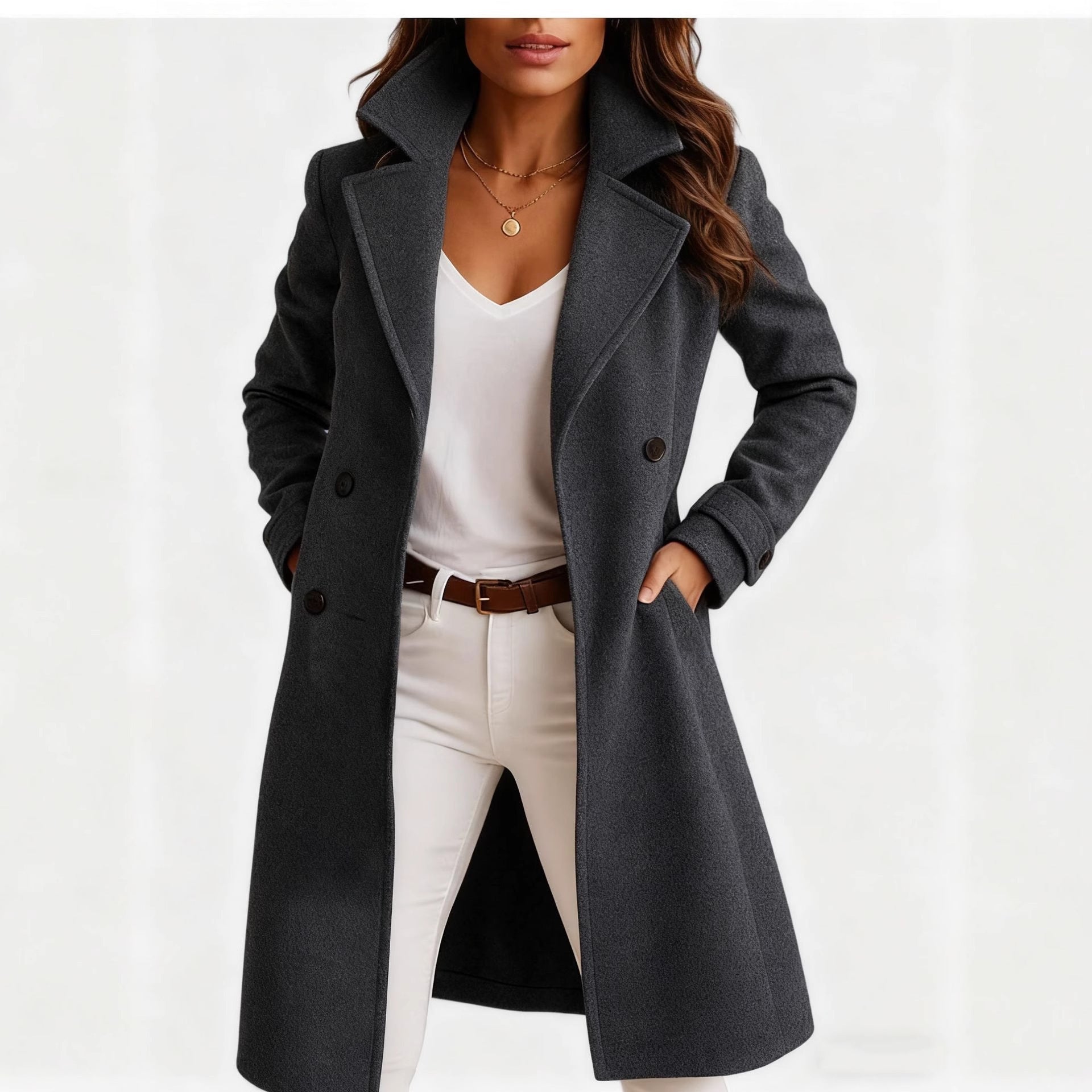 Women's Autumn And Winter New Solid Color Polo Collar Mid-length Woolen Coat
