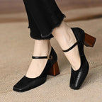 Patchwork Chunky Heel Buckle French Style Square Toe High Heel