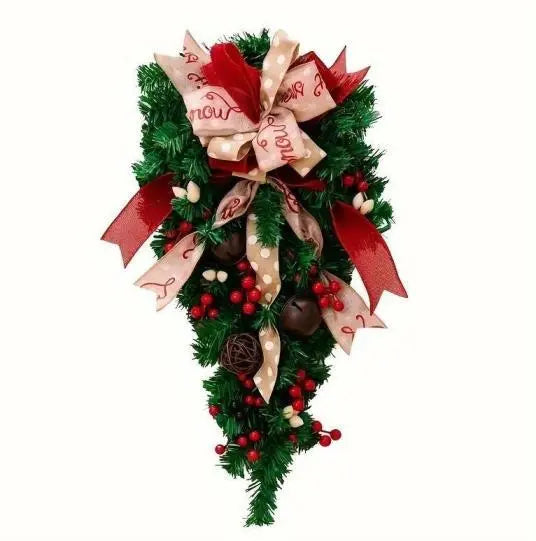 Christmas Candy Cane Wreath Xmas Teardrop Wreath Green Leaves Wreath Wall Hanging Door Garland Front Door Holiday Decoration - The Premium