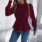 Women's Cable Knit Sweater With Peplum Hem Round Neck Ribbed Waist Top For Spring And Fall