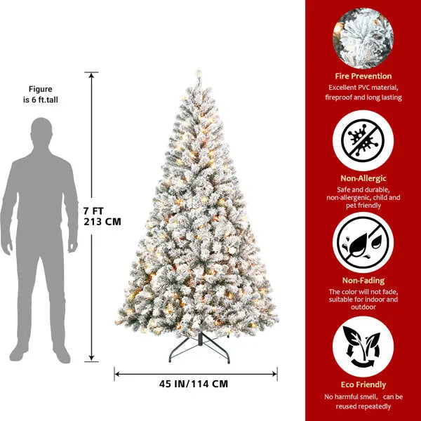Artificial 7ft Flocked Christmas Tree With 1022 PVC Branch Tips, 350L Warm White Led, Round Head, Foldable Base For Indoor Holiday Decorating - The Premium