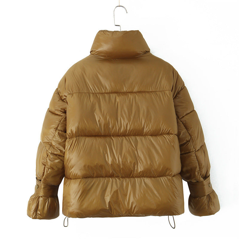 Golden Stand-up Collar Double Zipper Puffer Coat For Women