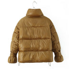 Golden Stand-up Collar Double Zipper Puffer Coat For Women