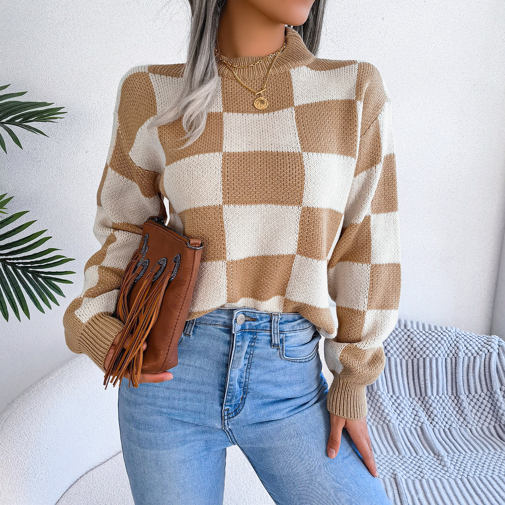 Street Style Color Block Plaid Long Sleeve Pullover Knit Sweater
