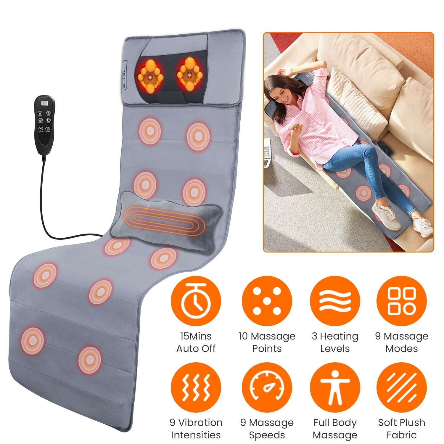 1Pc Full Body Electric Massage Mat With Heat Vibration Massage Pad Cushion Back Massage Mattress Chair Pad With Neck Massage Pillow With 10 Vibration Motors Timer Fedex Shipping