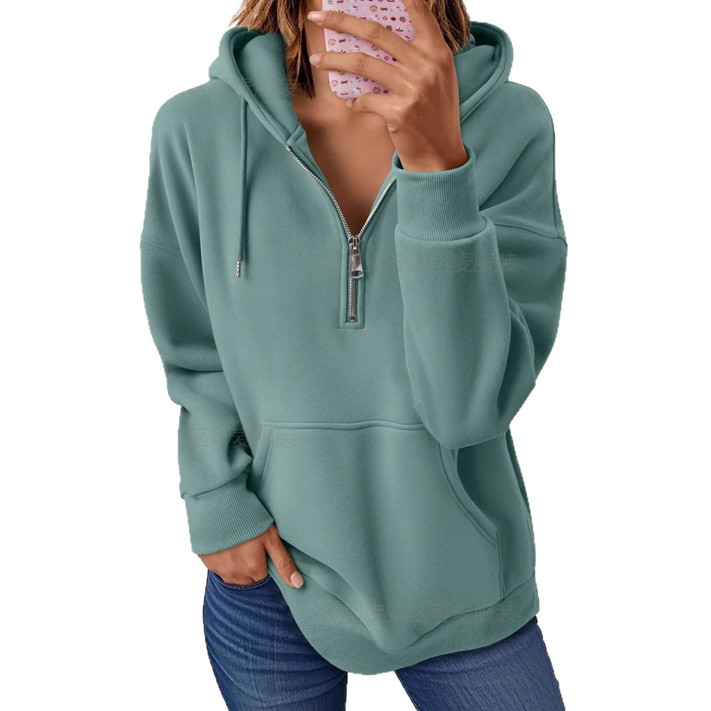 Zip Pocket Solid Color Hooded Sweatshirt