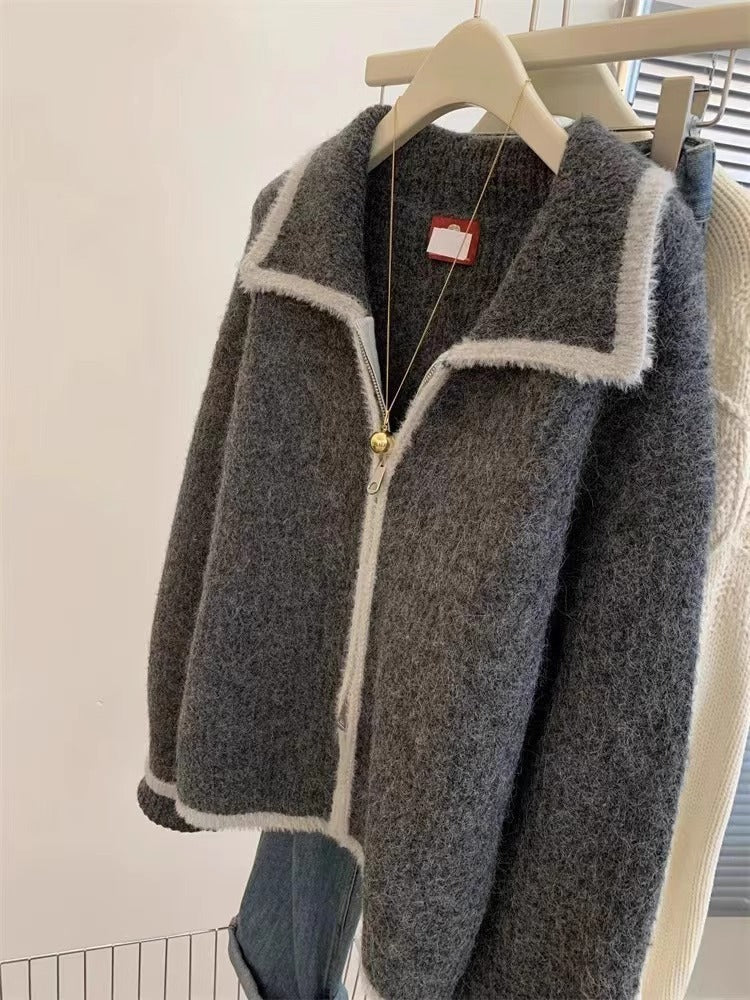 Gray Raccoon Fur Collar Coat Sweater