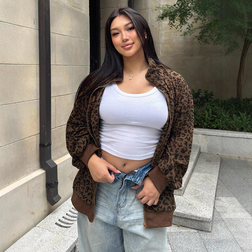 Casual Leopard Print Corduroy Zip-up Long Sleeve Sweatshirt For Women