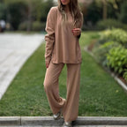 Solid Color Split Casual Wide-leg Pants Round Neck Long Sleeve