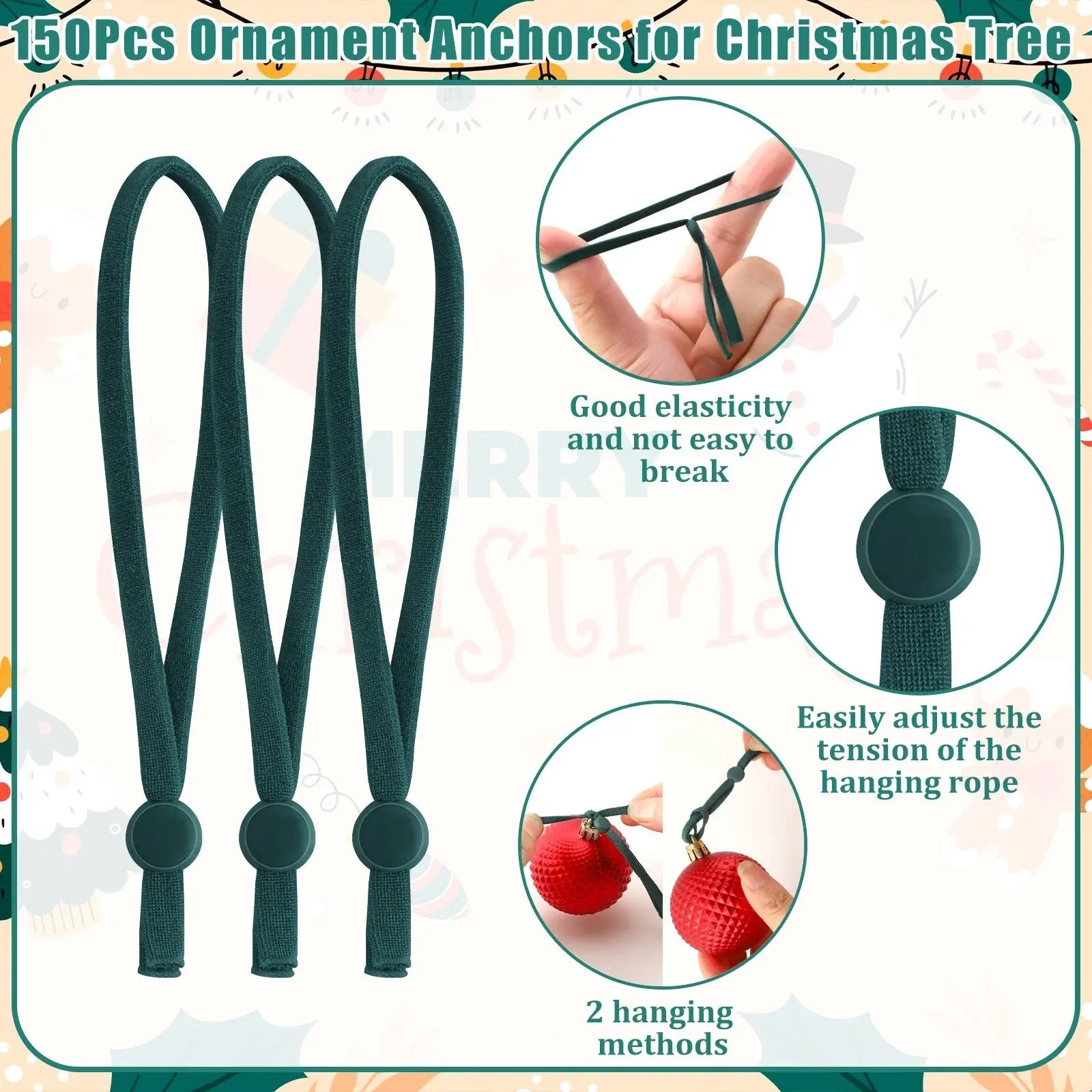 150Pcs Ornaments String For Christmas Tree, Adjustable Ornaments Ribbon Hangers Christmas Ties String Ribbon Loops For Ornament Hanging Tree Decorations, Green Selling On Amazon Is Prohibited - The Premium