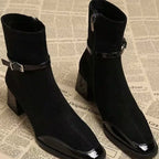 Retro French British Style Black Square Toe Leather Suede Ankle Side Zip Boots