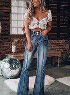Women's Vintage High Waist Flare Jeans, Retro Paneled Bootcut Denim With Double Button Closure, Flattering Wide Leg Pants