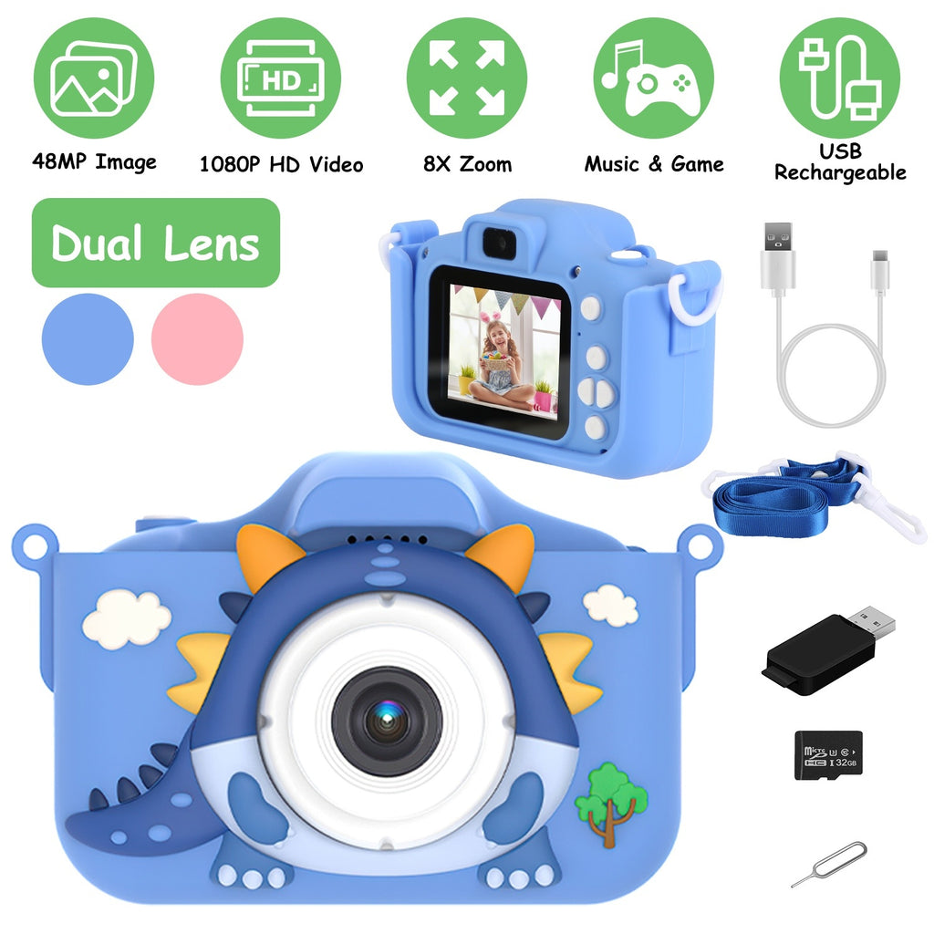 Pink-Blue Options -- 1Pc Dinosaur Kids Selfie Camera Cartoon Camera 48MP 1080P HD Digital Camera With Cartoon Case Card Reader 32G MMC Card For Boys Girls Above Aged 6 Years Old