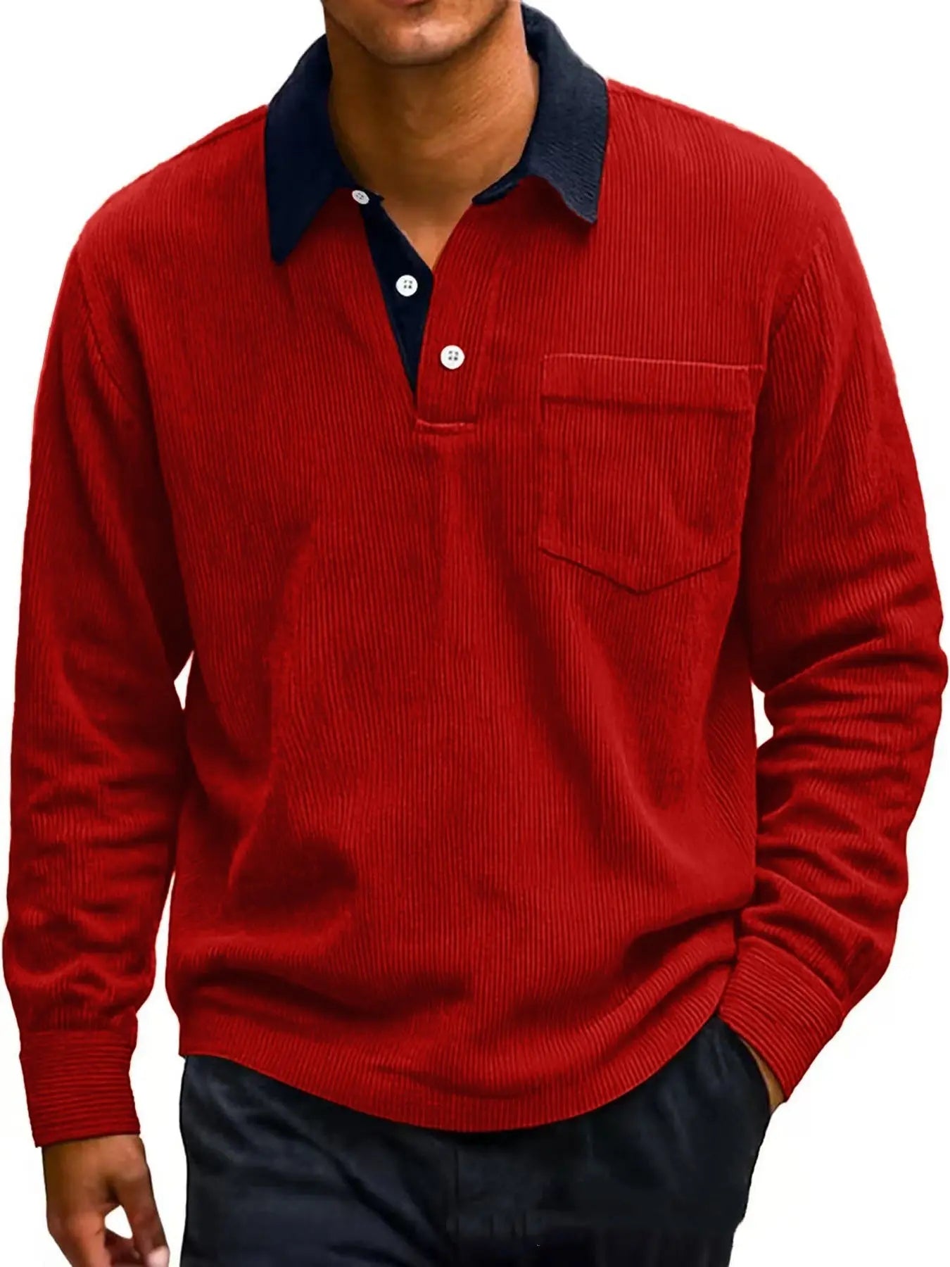 Men's Vintage Corduroy Button Long Sleeve Polo Shirt - The Premium