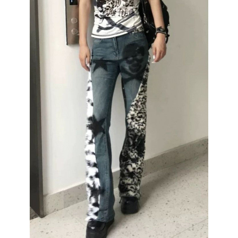 Retro Large Size Washed Skull Leopard Print Skinny Jeans