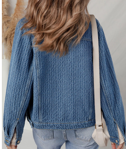 Blue Double Flap Pocket Denim Textured Button Down Jacket