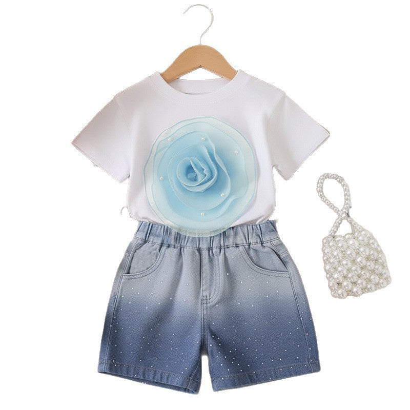 T-shirt Gradient Denim Shorts Two-piece Set