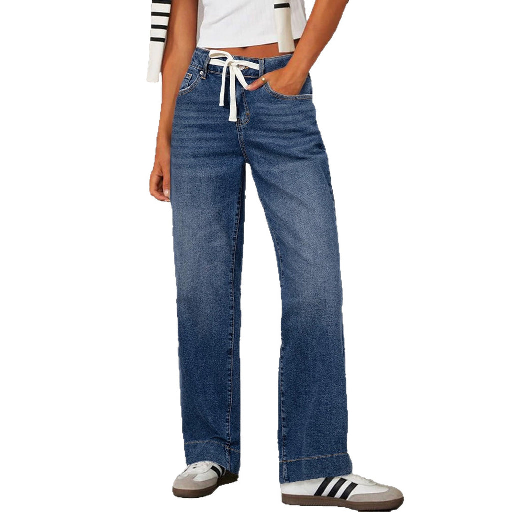 High Waist Elastic Straight Loose Drawstring Denim Trousers