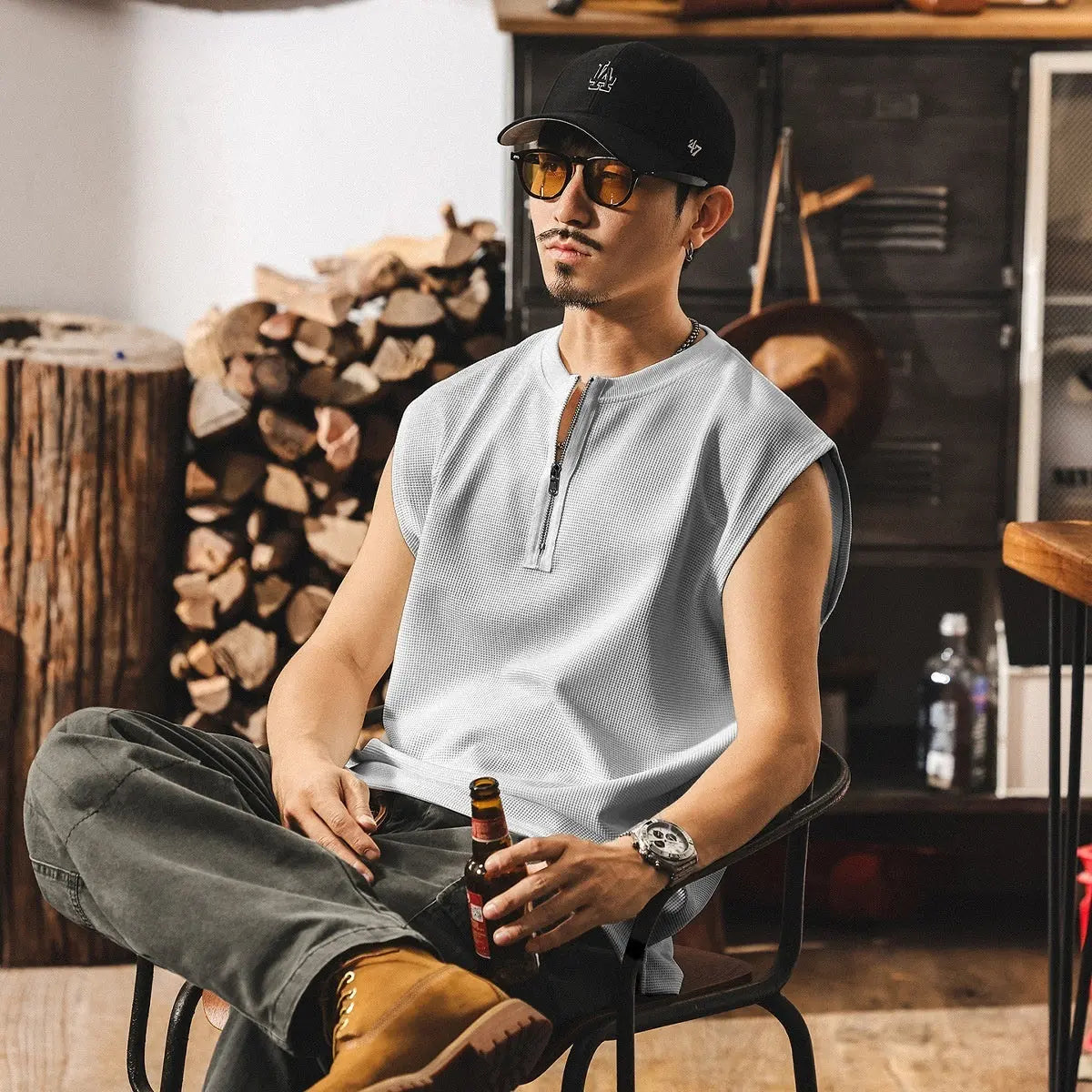 Vintage Zipper Sports Fitness Vest Men's Loose Waffle Texture Tough Guy T-shirt - The Premium