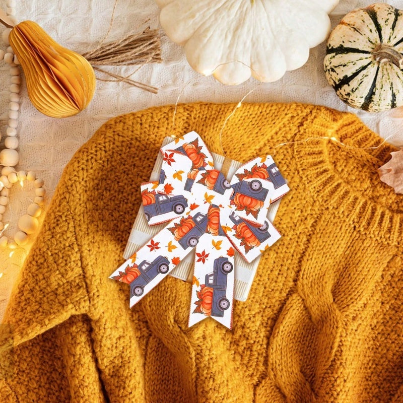 4 Rolls 20 Yards Thanksgiving Day Fall Autumn Wired Edge Ribbon Pumpkin Leaves Wired Ribbon Gingham Ribbon For Thanksgiving Decorations Party Gift Wrapping Craft DIY Project