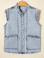 Fan-shaped Trim Patch Pocket Button Front Denim Vest