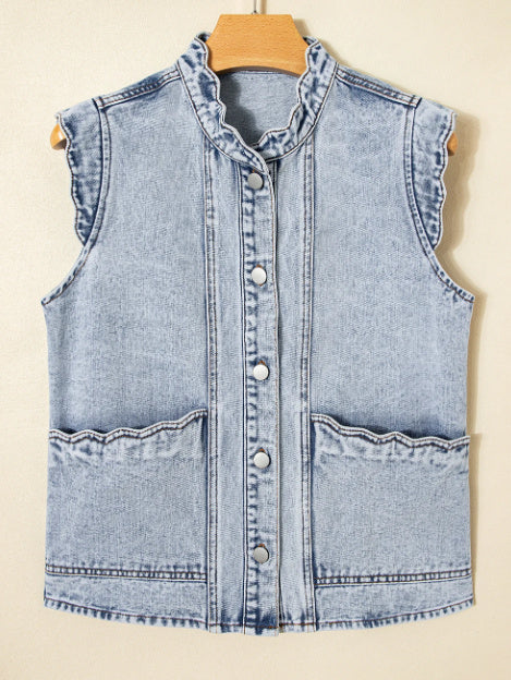 Fan-shaped Trim Patch Pocket Button Front Denim Vest