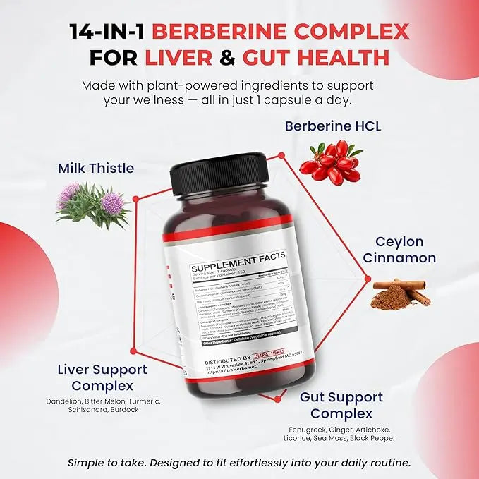 Ultra Herbs Premium Berberine with Cinnamon & Milk Thistle – Liver, Gut & Immune Support, 150 Capsules, USA Made AJ PRIME