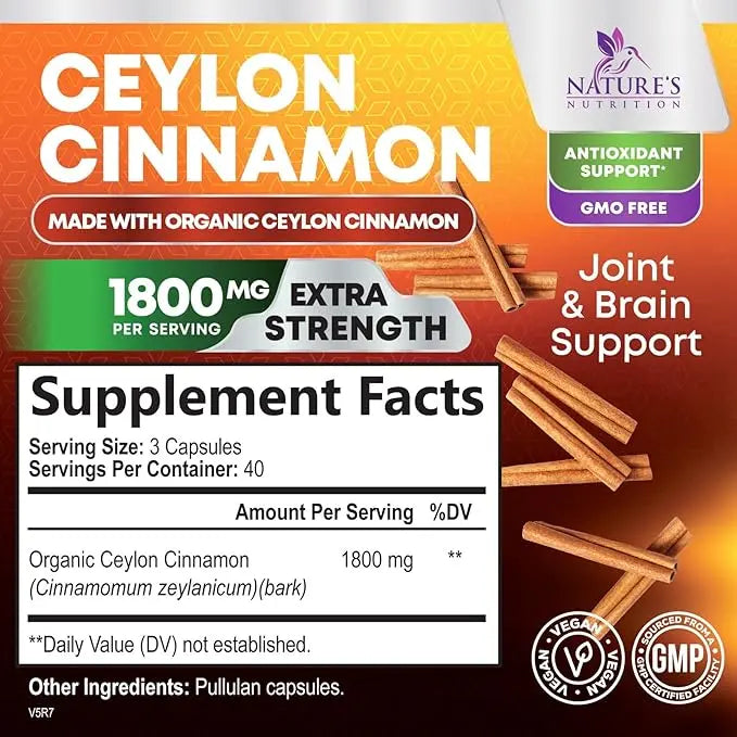 Organic Ceylon Cinnamon Supplement 1800mg – Energy, Heart & Antioxidant Support, 240 Capsules, Gluten-Free & Non-GMO AJ PRIME