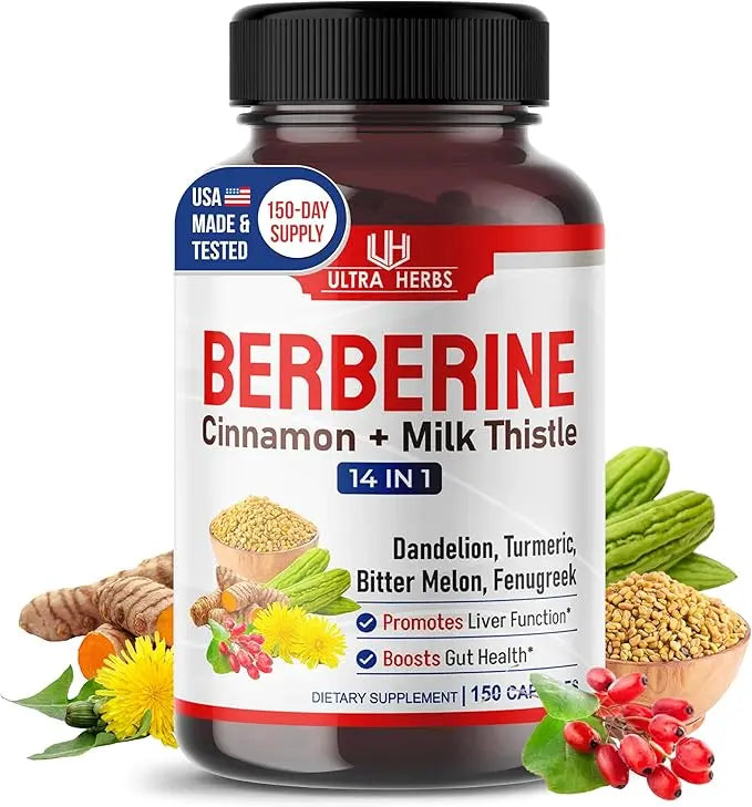 Ultra Herbs Premium Berberine with Cinnamon & Milk Thistle – Liver, Gut & Immune Support, 150 Capsules, USA Made AJ PRIME