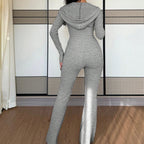 Women's Solid Color 2-Piece Set Hooded Belted Jacket With Pockets & Flare Leg Pant Suit For Spring And Fall