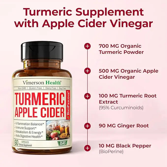 Organic Apple Cider Vinegar & Turmeric Curcumin Capsules – Digestive, Metabolism & Joint Support, 60 Vegan Non-GMO AJ PRIME