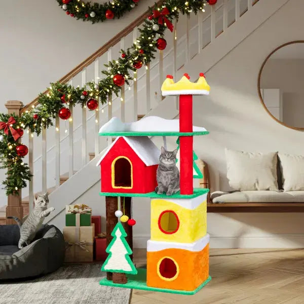 56in Christmas Themed Plush Cat Tree, Multi-level Cat Tower With Cat Condos, Top Crown Perch, Sisal Ramp Scratching Posts, Large Cat Pet Activity Center For Indoor Cats - The Premium