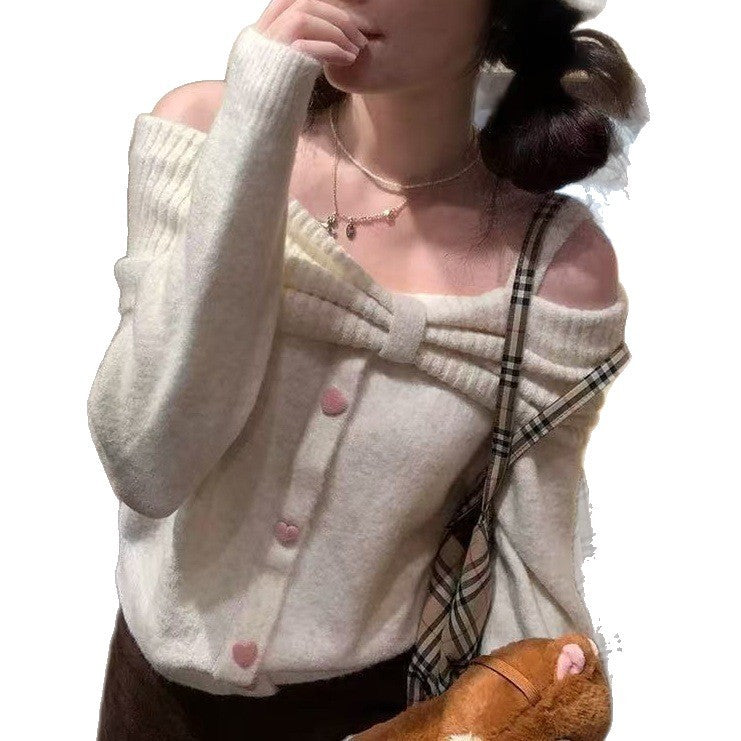 Lady's Long-sleeve Off-shoulder Gentle Style Knitted Sweater